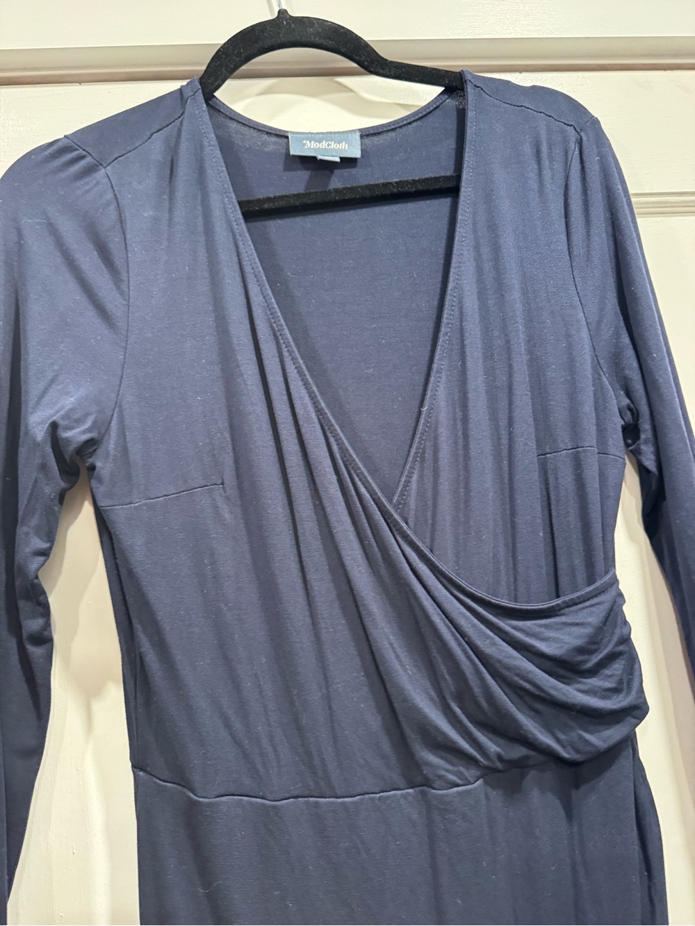 ModCloth Navy Blue Knit On The Town Faux Wrap Midi Dress Large Fall Office Work - Picture 4 of 9